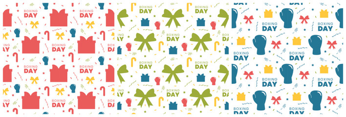 Set of Boxing Day Sale Seamless Pattern Design with Glove and Gift Box for Promotion or Shopping on Template Hand Drawn Cartoon Flat Illustration