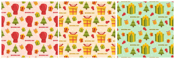 Set of Boxing Day Sale Seamless Pattern Design with Glove and Gift Box for Promotion or Shopping on Template Hand Drawn Cartoon Flat Illustration