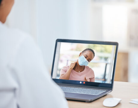 Doctor, Laptop And Video Call With Patient, Neck Pain And Covid Mask In Online Consultation In Office. Healthcare Professional With Internet Communication With Woman Patient, Injury Or Medical Advice