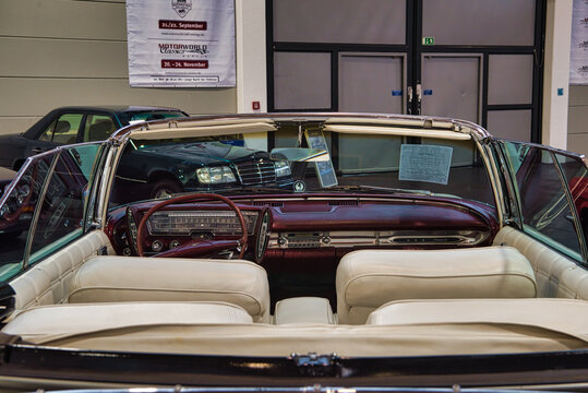 FRIEDRICHSHAFEN - MAY 2019: leather white red interior of CHRYSLER IMPERIAL CROWN 1963 cabrio at Motorworld Classics Bodensee on May 11, 2019 in Friedrichshafen, Germany