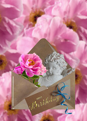 Beautiful card happy birthday for a woman or a girl with flowers