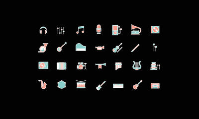 Music instruments icon set isolated on Black background.