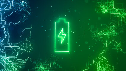 Battery charging in an abstract technological background of connections. Renewable energy.