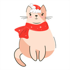 Cute cat in Santa's hat. Vector graphic illustration. Ideal for print or t-shirt. Flat creamy design isolated on white background