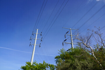 Two Metal Power line Poles above the trees