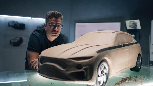 Middle aged male automotive designer standing near futuristic car model from plasticine clay, looking at camera. Future design of new generation electric car. Work in modern car design studio.