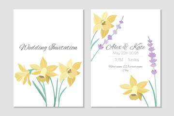 Vector wedding invitation template with yellow narcissuses and purple lavender - 542594117