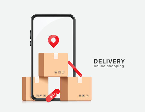 Parcel box or cardboard box are stacked and placed in front of smartphone