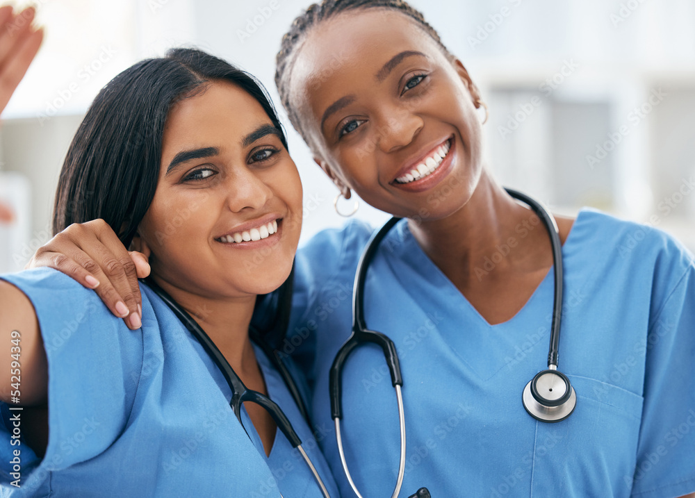 Sticker Doctors, selfie and women friends at hospital smile for photograph together with stethoscope. Happy, healthcare and interracial friendship picture of professional cardiology workers on break.