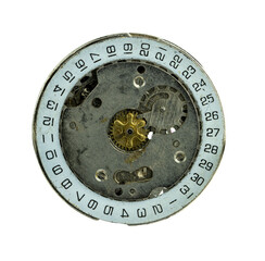 A broken old mechanical watch mechanism. Isolate on a white background