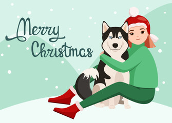 Christmas card. A girl with a husky dog. Cartoon design.