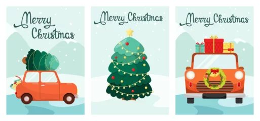 Fotobehang A set of Christmas greeting cards with cars and Christmas trees. Vector illustration.  © Юлия Викленко