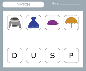 find the first letter of the word  clothes and connect. Educational game for children.