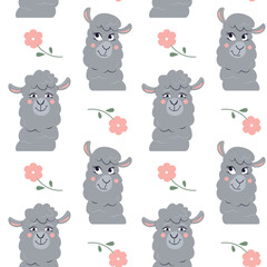 Vector seamless pattern with cartoon alpacas and flowers. A head of cute lama with different emotion. Funny animal muzzle wallpaper. © Tatiana