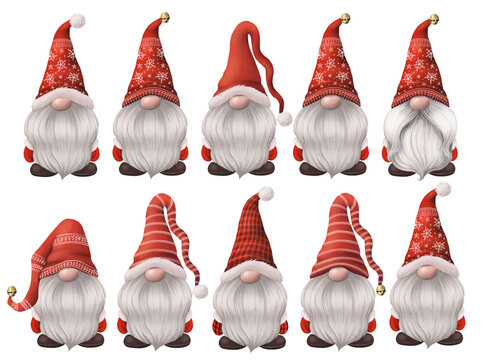 christmas gnomes in red  hats on transparent background. hand drawn illustration set