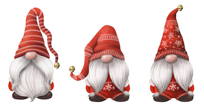 christmas gnomes in red  hats on transparent background. hand drawn illustration set