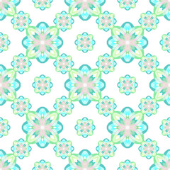 万華鏡の様な模様、花模様のシームレスパターン、結晶の様なリピートパターン、幾何学模様の壁紙、グリーンのグラデーション