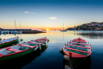 Catalan boats of Collioure at sunrise in France