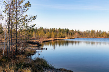 Beautiful natural landscape of a forest lake and blue sky with clouds.