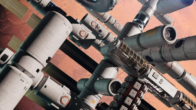 An epic presentation of a space station in space orbiting Mars. the concept of space travel and settlement of planets suitable for life in the solar system