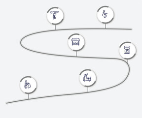 infographic element with gym outline icons. included squat, rappel, team bench, whey protein, bullfight, gym station vector.