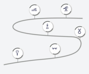 infographic element with sport equipment outline icons. included javelin, fitness step, chesspiece, nobel prize, padel, longboard vector.