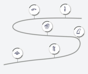 infographic element with golf outline icons. included dive knife, autocross, baseball ball, fin, hang gliding, golf caddy vector.