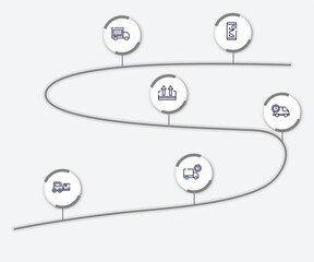 infographic element with logistic delivery instructions outline icons. included smartphone online track, delivery date, keep up, delivery delay, trolley truck, truck delay vector.