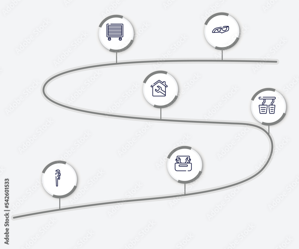 Wall mural infographic element with toolbox outline icons. included headlights, garage wrench, house, accelerator, stillson wrench, nuts and bolts vector.