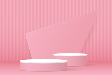 Naklejka na ściany i meble 3d product display podium platform. 3d realistic pink cylinder pedestal podium. The stage for the showcase. Minimal wall scene for mockup product display. 3d podium vector illustration.