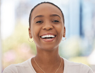 Happy, portrait and face of a black woman in corporate, working and smile as a business employee at work. Pride, excited and African lawyer with motivation and happiness for a professional career