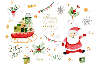 Hand drawn for new year and christmas: gifts, santa, watercolor