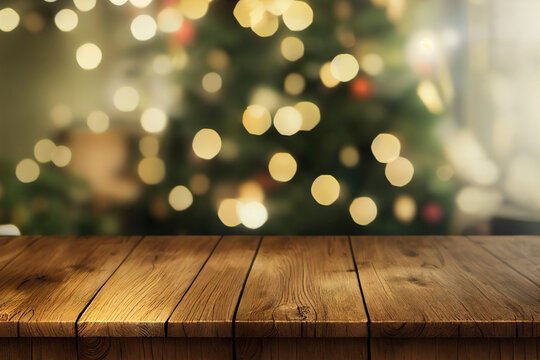 背景素材:木目テーブルとキラキラ光るクリスマスのディスプレー背景