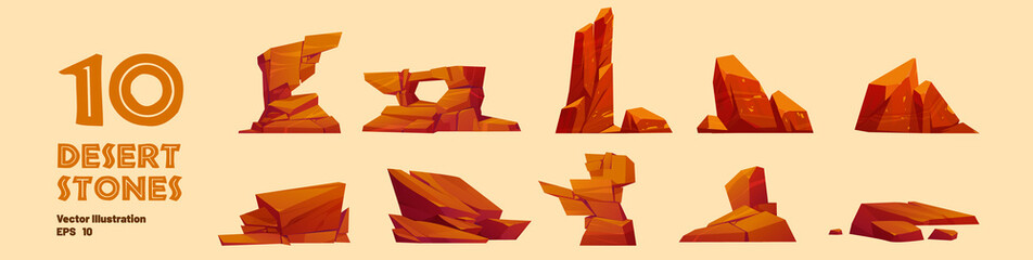 Set of desert stones, mountain rock lumps and pieces. Natural geological materials, textures for pc game formation isolated ui or gui elements, Cartoon vector illustration, icons collection © klyaksun