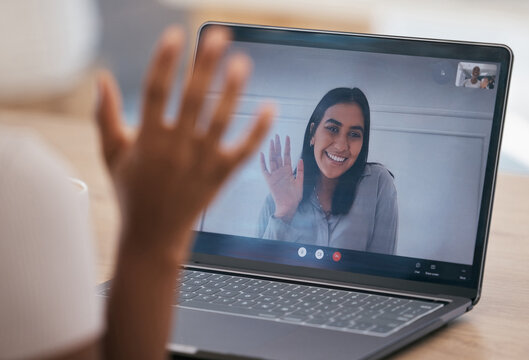 Laptop, Wave And Women On A Video Call For A Digital Business Meeting, Coaching And Online Mentorship Training. Smile, Communication And Happy Friends Networking, Talking And Speaking On The Internet