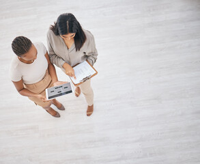 Business women, tablet and checklist for planning work schedule, infographic or graph for company development from above. Business people collaboration, teamwork or support in startup digital project