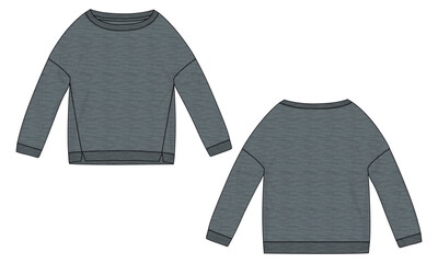 Long sleeve Sweatshirt fashion flat sketch vector illustration template for ladies. Cotton fleece fabric Winter sweater jumper Grey color mock up cad.
