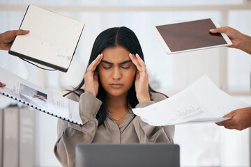 Stress, headache and burnout of business woman, overworked or overwhelmed by deadline or employees on office computer. Mental health, multitasking and frustrated female depressed in toxic workplace
