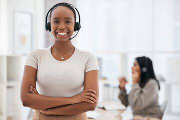 Happy black woman, call center agent and customer support staff in online, digital sales and...
