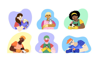 Veterinary care. Veterinarian doctors pet owner holding small animals and rodents in medical office