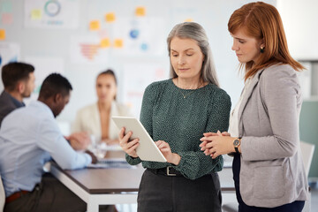 Consulting, tablet or business woman with tech working for planning, networking or collaboration for data analysis in office. Mentor, manager or tech for coaching, social media and contact us review