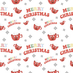 Christmas seamless vector pattern on a white background Christmas hot drink and lettering happy Christmas. Stylish retro pattern, suitable for wrapping paper, gifts, scrapbooking, web design.