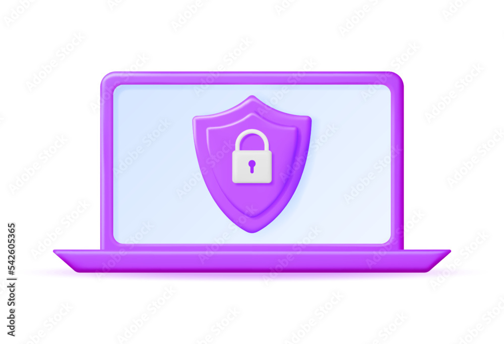 Poster 3d laptop computer with shield lock on the screen. render notebook with padlock. concept of computer