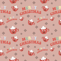 Christmas seamless vector pattern on brown background Christmas hot drink hot drink and lettering happy Christmas. Stylish retro pattern, suitable for wrapping paper, gifts, scrapbooking, web design