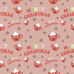 Christmas seamless vector pattern on brown background Christmas hot drink hot drink and lettering happy Christmas. Stylish retro pattern, suitable for wrapping paper, gifts, scrapbooking, web design