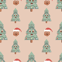 Seamless vector pattern on a transparent retro Christmas background. Groovy Christmas pattern.