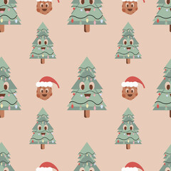 Seamless vector pattern on a transparent retro Christmas background. Groovy Christmas pattern.