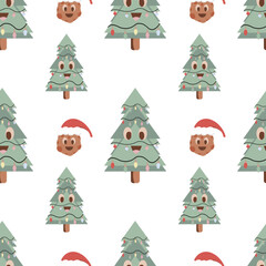 Christmas seamless vector pattern on a white background Christmas tree with eyes and lettering happy Christmas. Stylish retro pattern, suitable for wrapping paper, gifts, scrapbooking, web design.