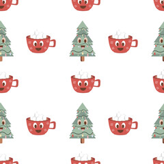 Christmas seamless vector pattern on white background Christmas hot drink and gingerbread Christmas. Stylish retro pattern, suitable for wrapping paper, gifts, scrapbooking, web design.
