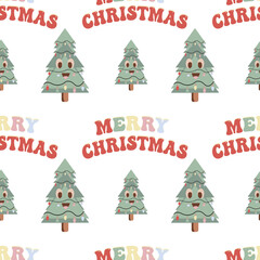 Seamless vector pattern on a transparent retro Christmas background. Groovy Christmas pattern.